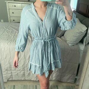 Zara Stripped Long Sleeve Blue Striped Belted Dress